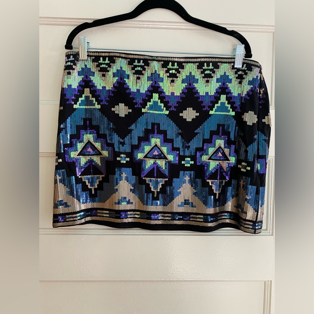 Express Sequin Aztec Geometric Pattern Mini Skirt - image 1